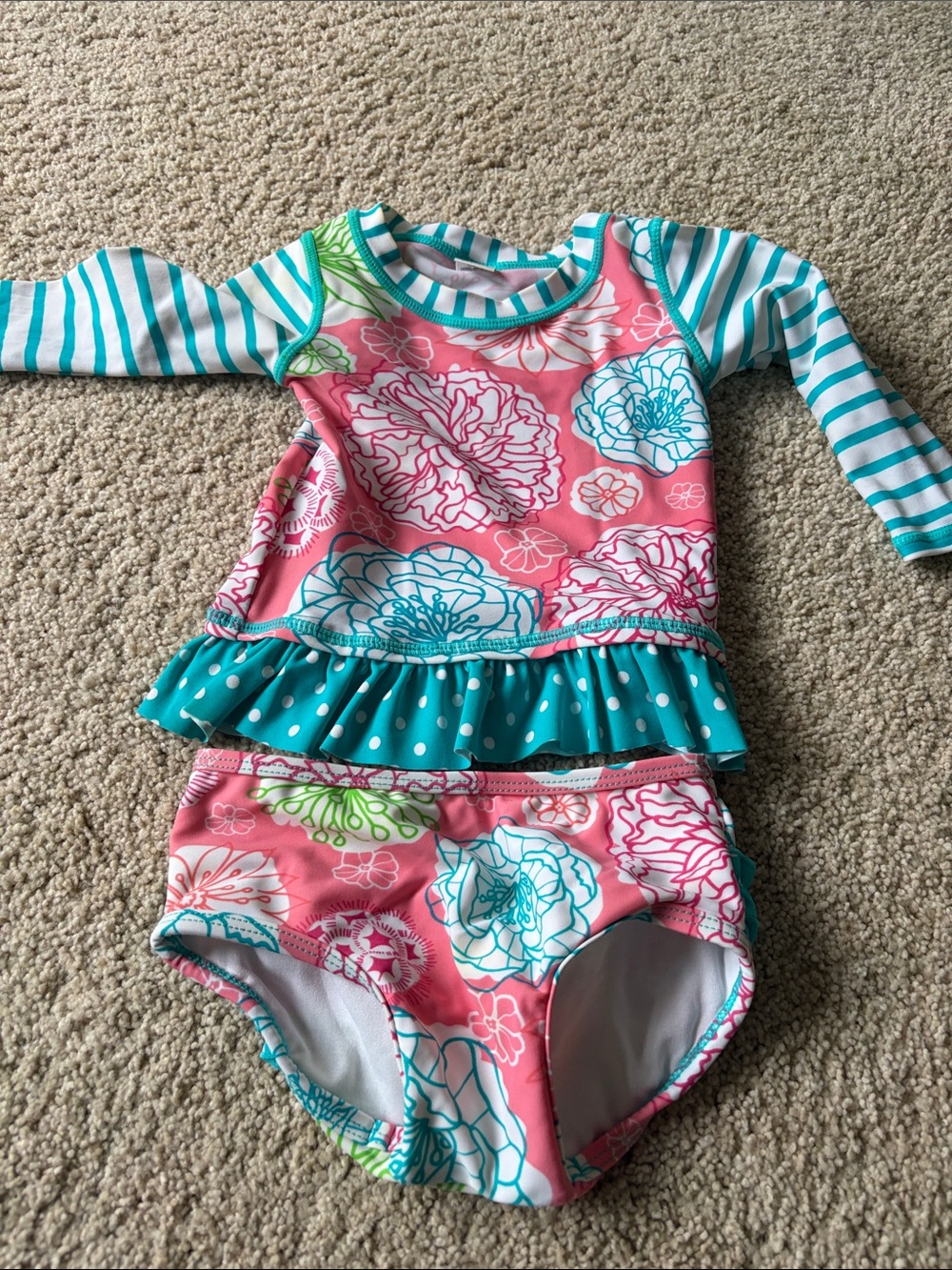 Ruffle Butts Pink Floral Rashguard Set with Teal Accents